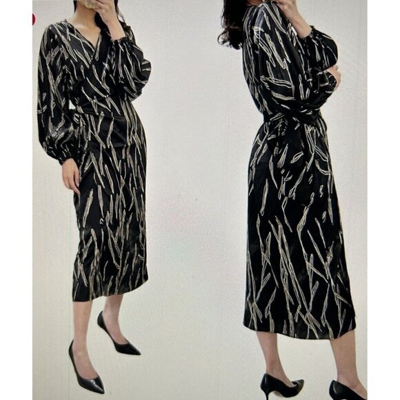 DIARRABLU Lala Wrap Dress in Black/Gold Scribble Print Long Sleeve Size L - Picture 1 of 9